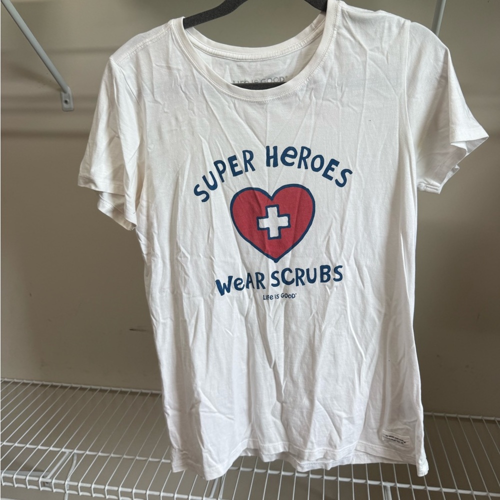 Life Is Good White Tee with Red and Blue Print